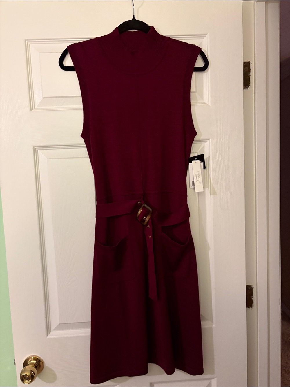 Signature by Robbie Bee Sleeveless Mock Neck Belted Knit Dress in Burgundy